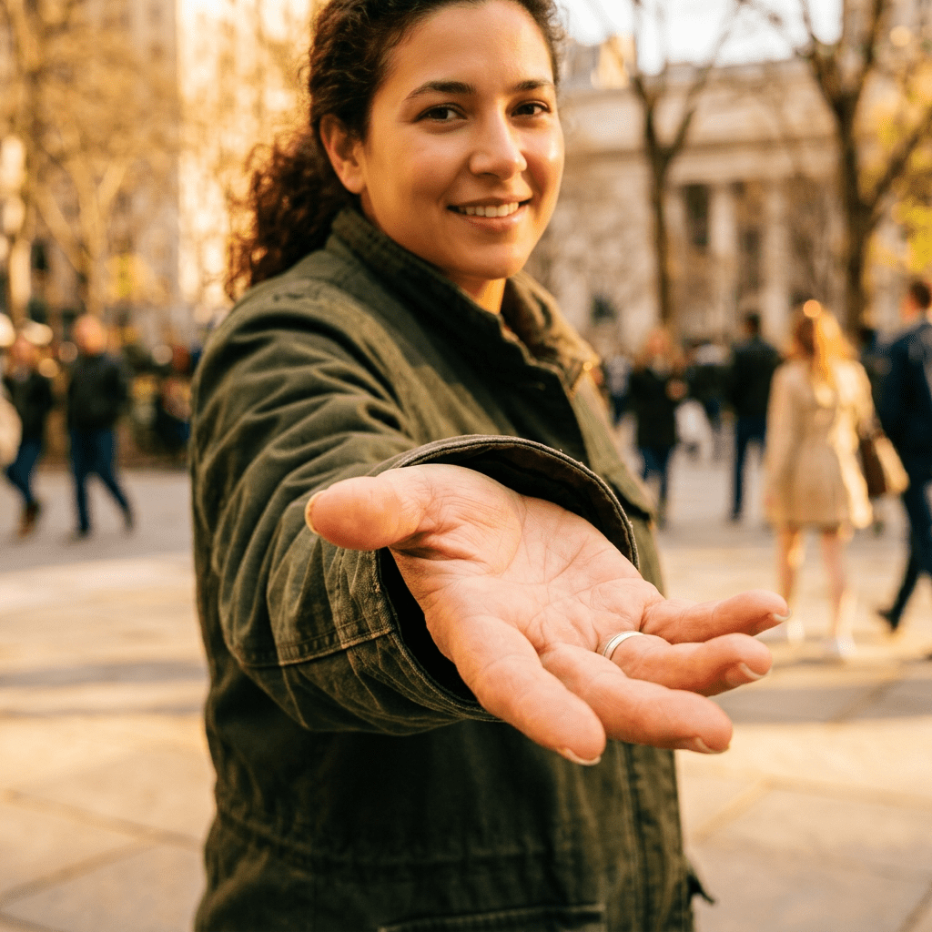 Woman extending open hand toward camera outdoors with blurred people in background